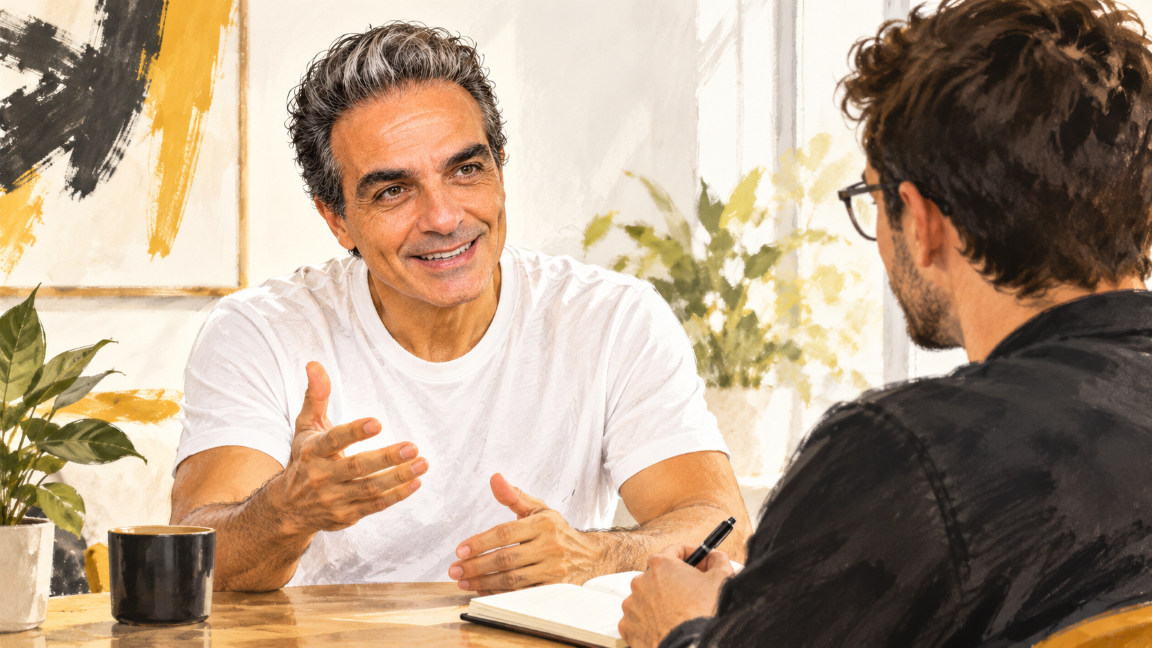 Ilustração de Jordão conversando com um profissional durante uma mentoria individual